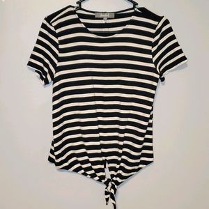 Marled Black&White Stripe Top Knot Front Button Bk